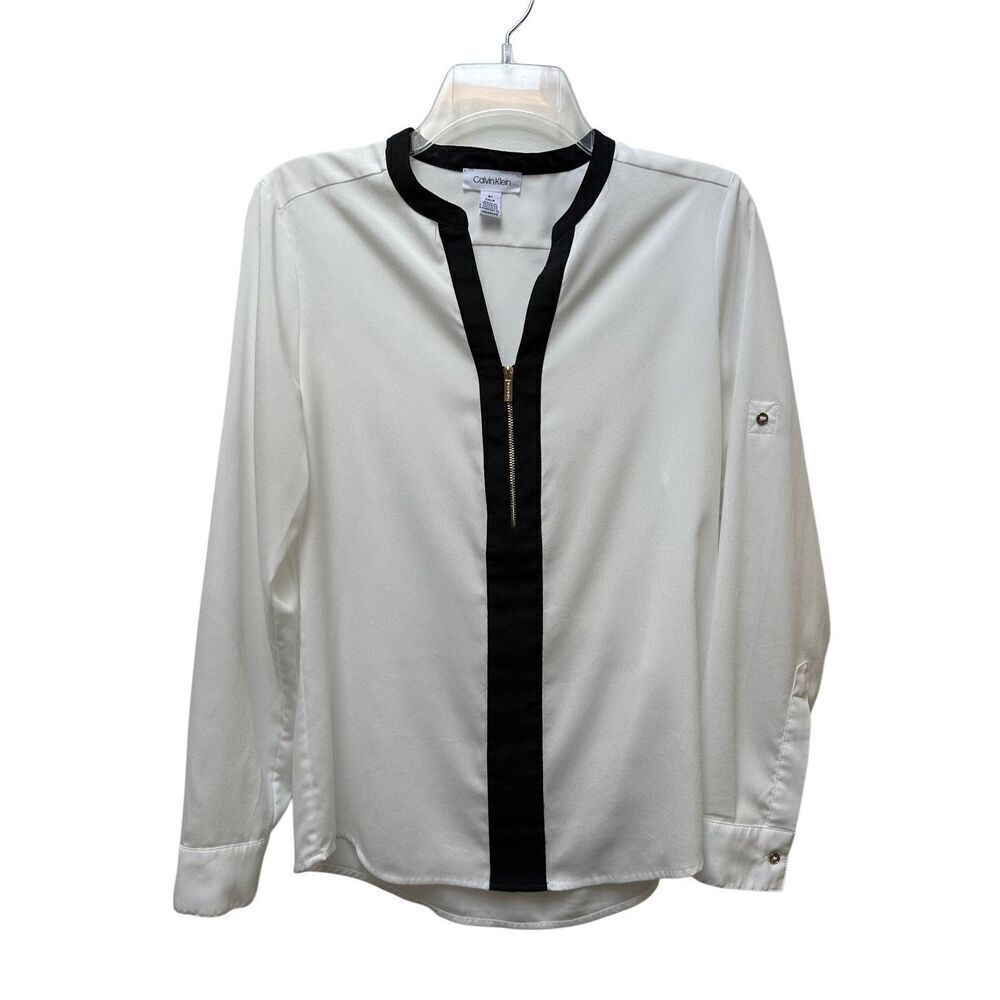 Calvin Klein women 1/2 zip white long sleeve blouse black trim size S/P #46-1919